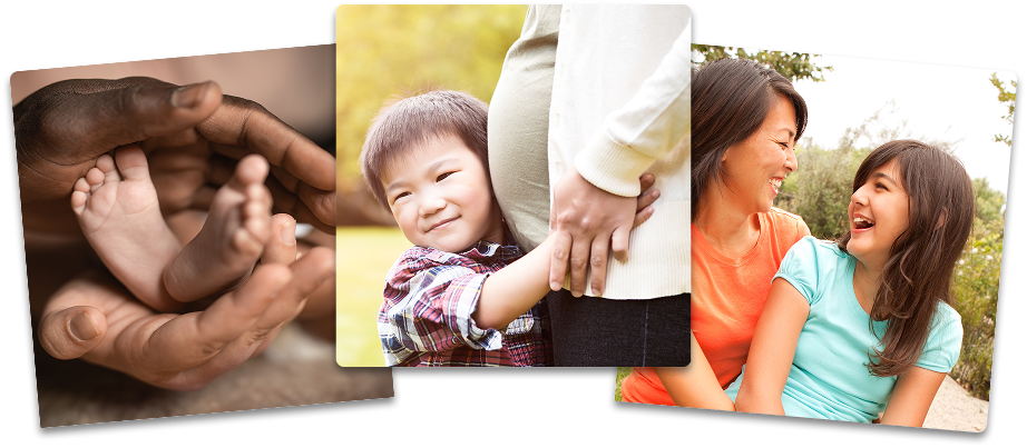 Three photos in a row. Left: baby feet cupped in a pair of adult halds; Right: a child smiling and hugging the belly of a pregnant woman; right: An adult woman sitting and laughing with a female child.